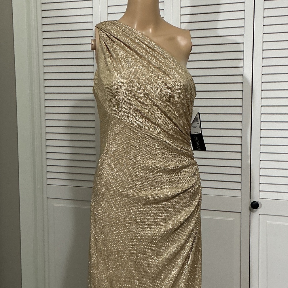Betsy & Adam One-Shoulder Shimmering Gold Gown